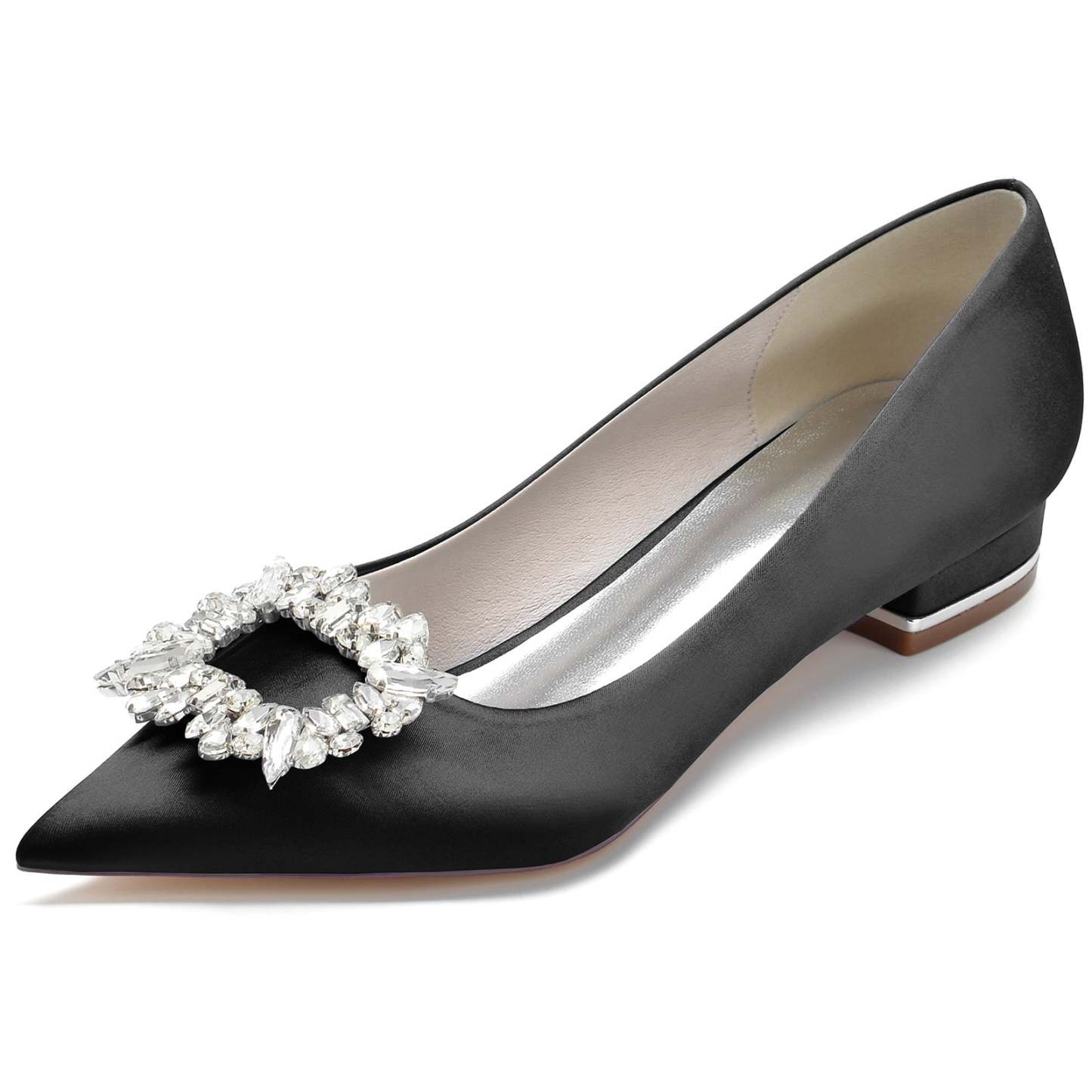 Bridal Shoes for Women with Square Rhinestone Low Pointed Toe in Silk Satin