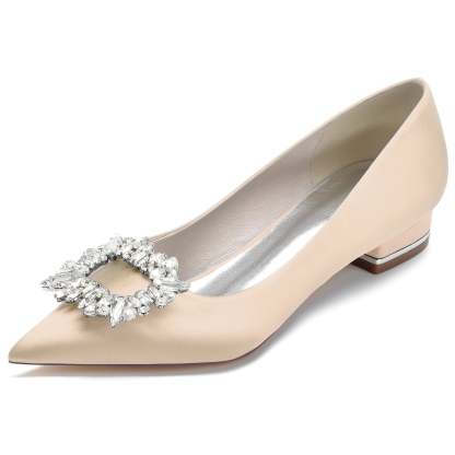 Bridal Shoes for Women with Square Rhinestone Low Pointed Toe in Silk Satin