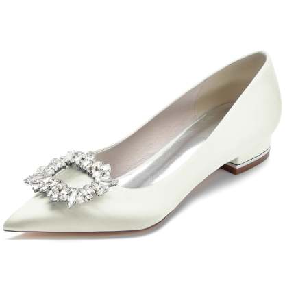 Bridal Shoes for Women with Square Rhinestone Low Pointed Toe in Silk Satin