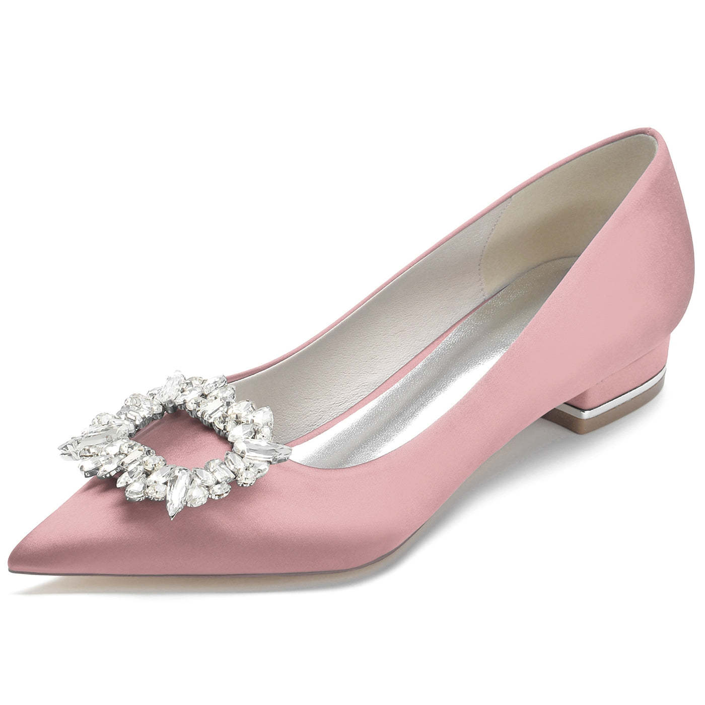Bridal Shoes for Women with Square Rhinestone Low Pointed Toe in Silk Satin