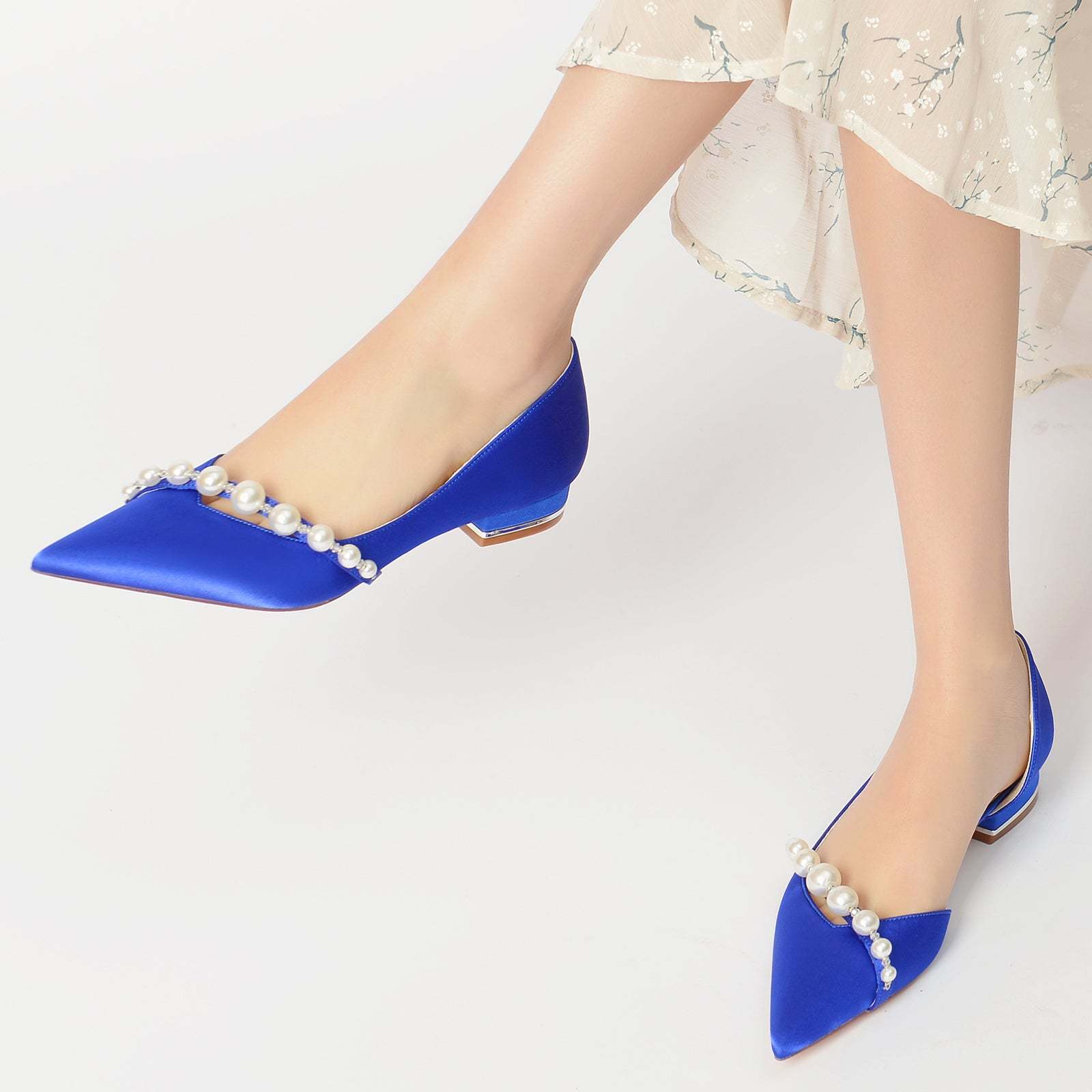 White Pearl Low-Heel Bridal Shoes for Women with Pointed Toe