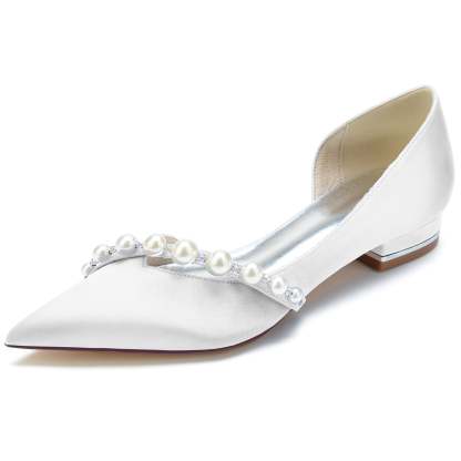 White Pearl Low-Heel Bridal Shoes for Women with Pointed Toe