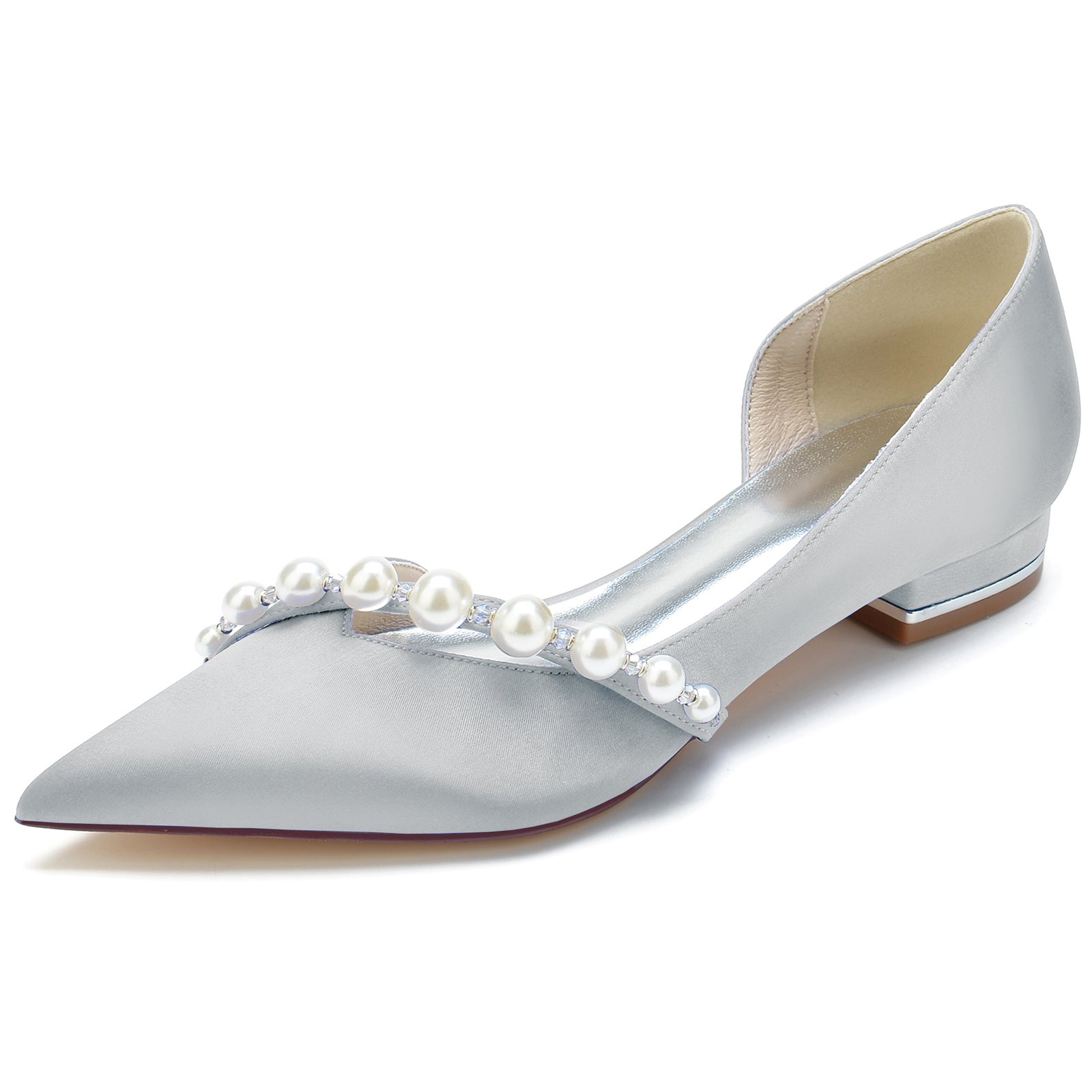 White Pearl Low-Heel Bridal Shoes for Women with Pointed Toe