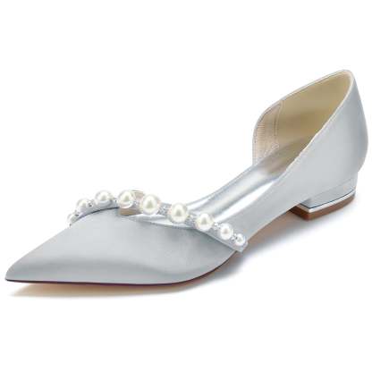 White Pearl Low-Heel Bridal Shoes for Women with Pointed Toe