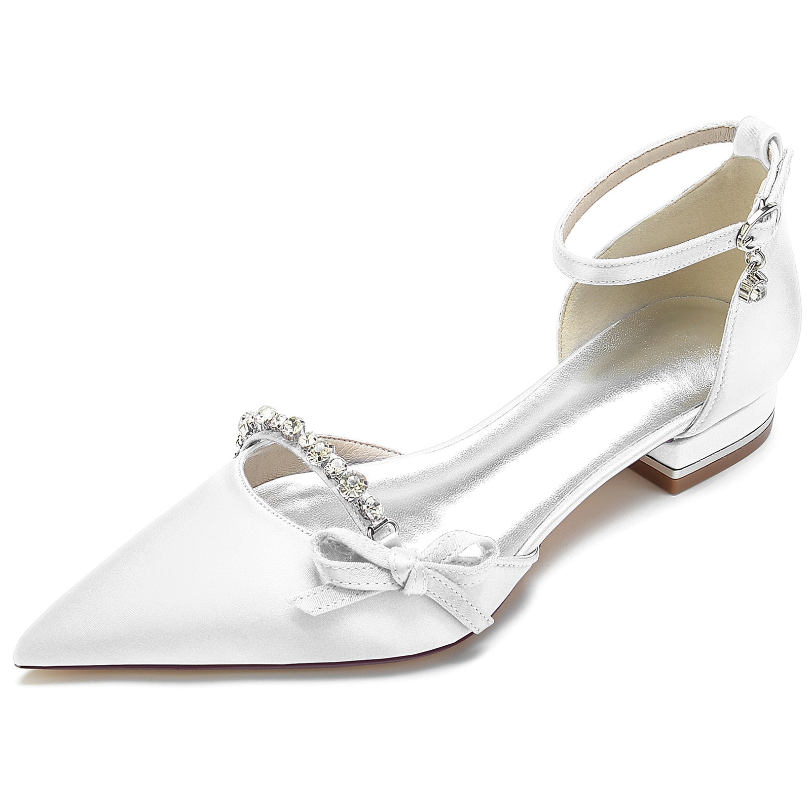 Bridal Shoes for Women with Crystal Bow and Silk Satin Low Buckle Pointed Toe