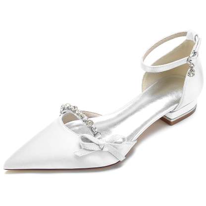 Bridal Shoes for Women with Crystal Bow and Silk Satin Low Buckle Pointed Toe