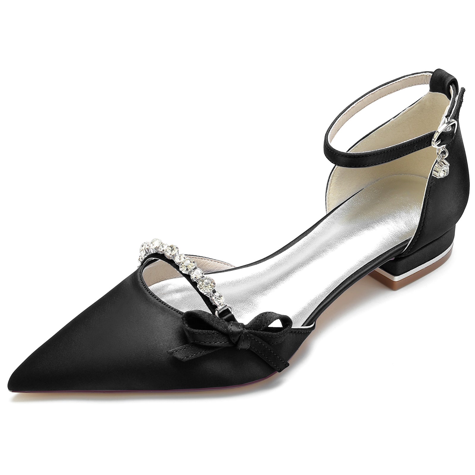Bridal Shoes for Women with Crystal Bow and Silk Satin Low Buckle Pointed Toe