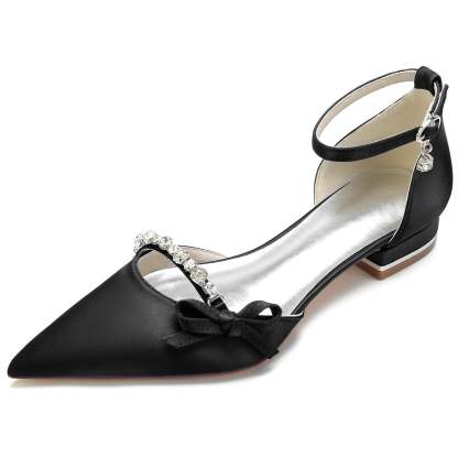 Bridal Shoes for Women with Crystal Bow and Silk Satin Low Buckle Pointed Toe
