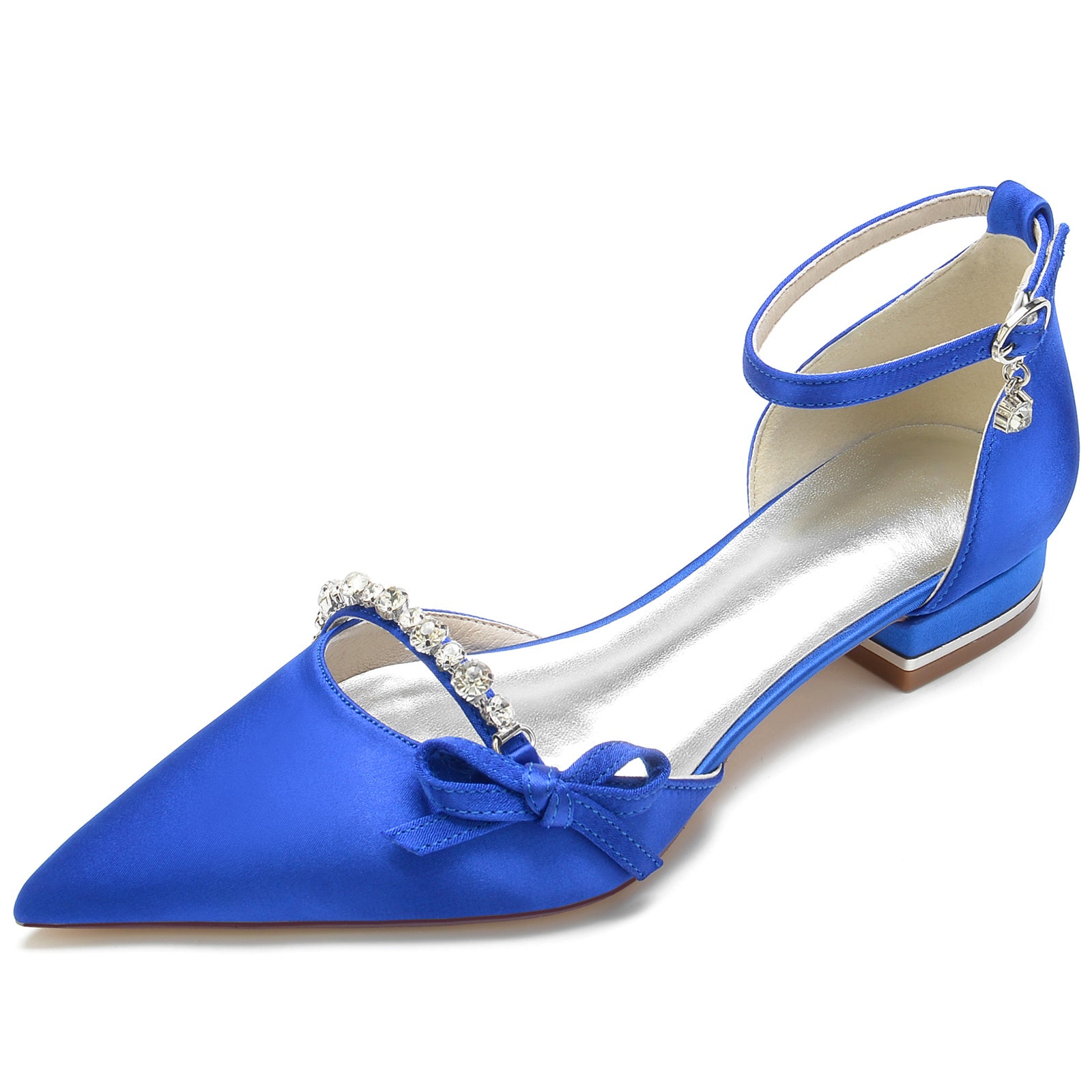 Bridal Shoes for Women with Crystal Bow and Silk Satin Low Buckle Pointed Toe