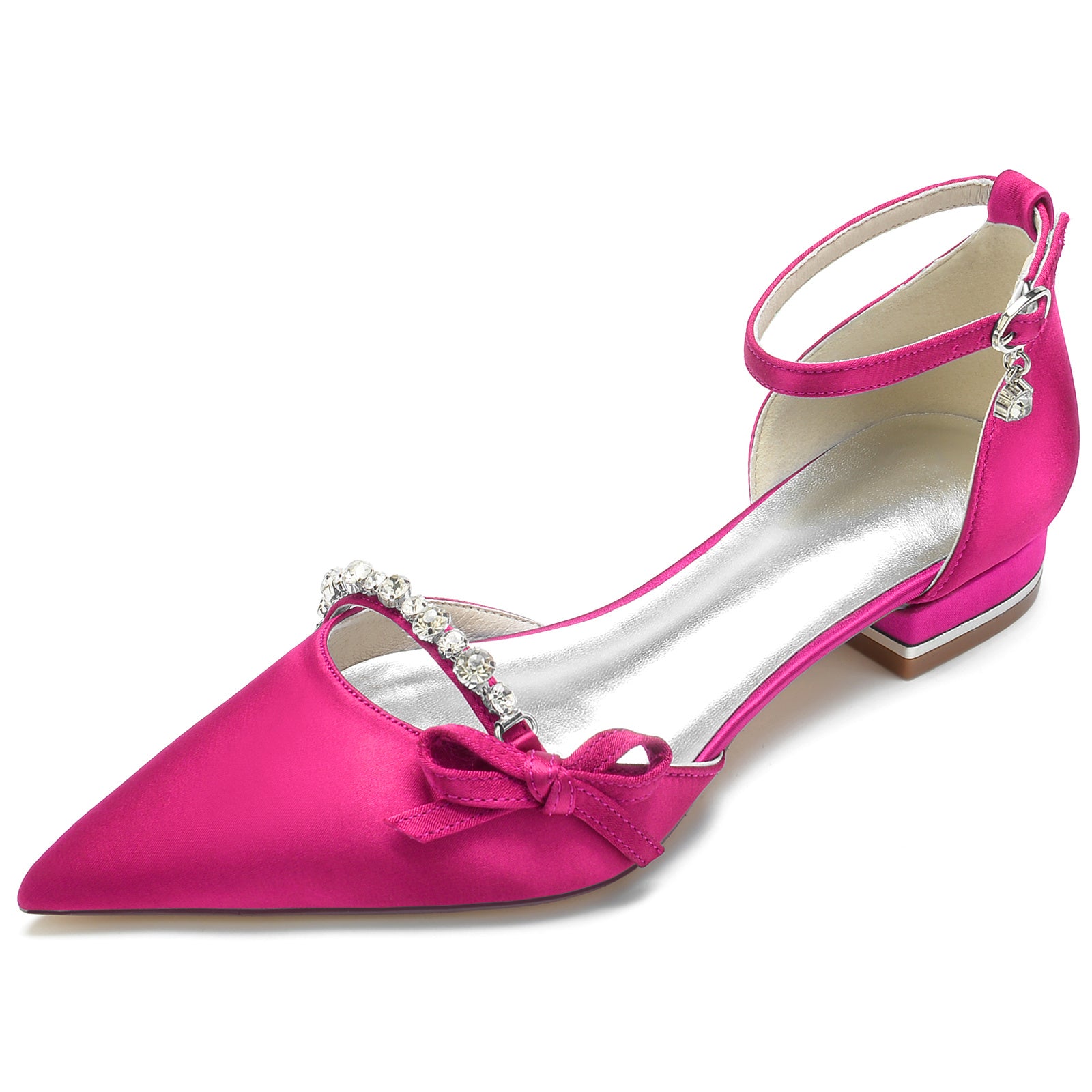 Bridal Shoes for Women with Crystal Bow and Silk Satin Low Buckle Pointed Toe
