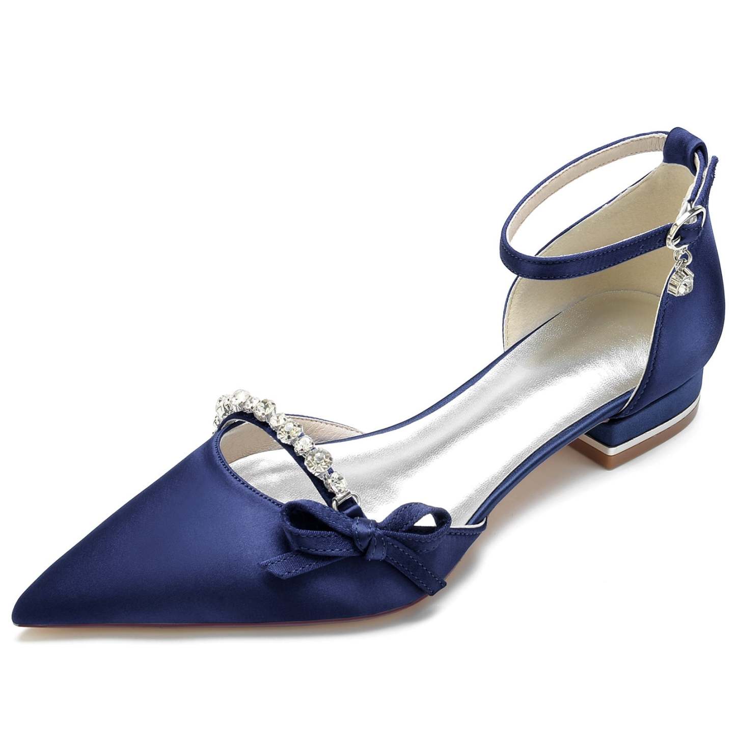Bridal Shoes for Women with Crystal Bow and Silk Satin Low Buckle Pointed Toe