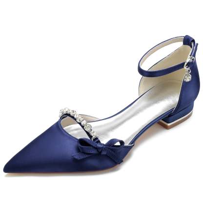 Bridal Shoes for Women with Crystal Bow and Silk Satin Low Buckle Pointed Toe