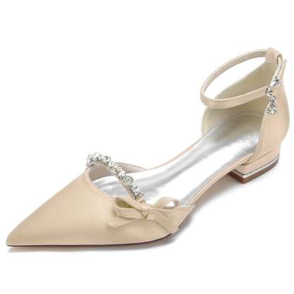 Bridal Shoes for Women with Crystal Bow and Silk Satin Low Buckle Pointed Toe