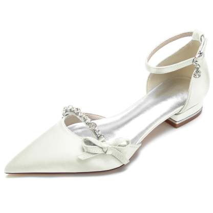 Bridal Shoes for Women with Crystal Bow and Silk Satin Low Buckle Pointed Toe