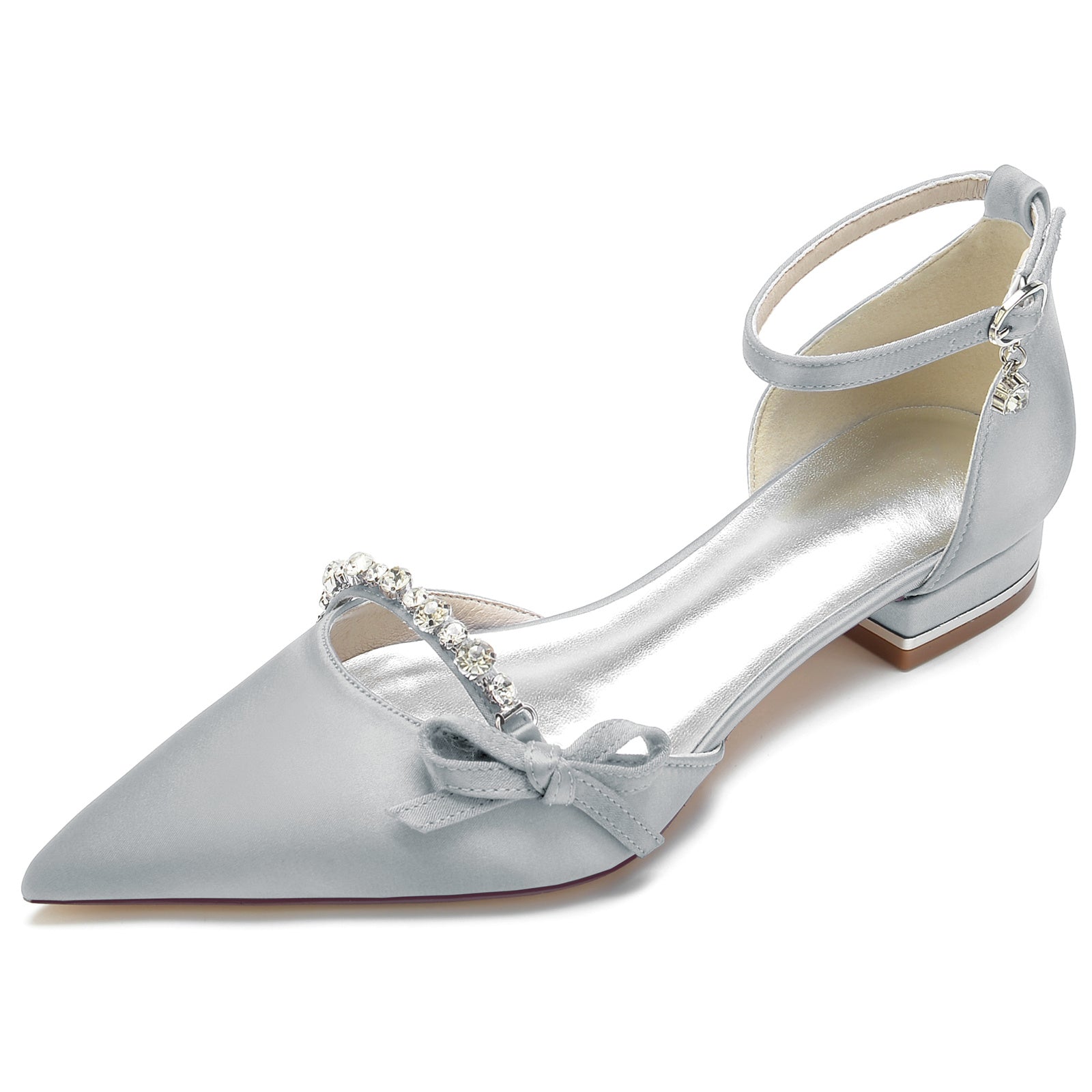 Bridal Shoes for Women with Crystal Bow and Silk Satin Low Buckle Pointed Toe