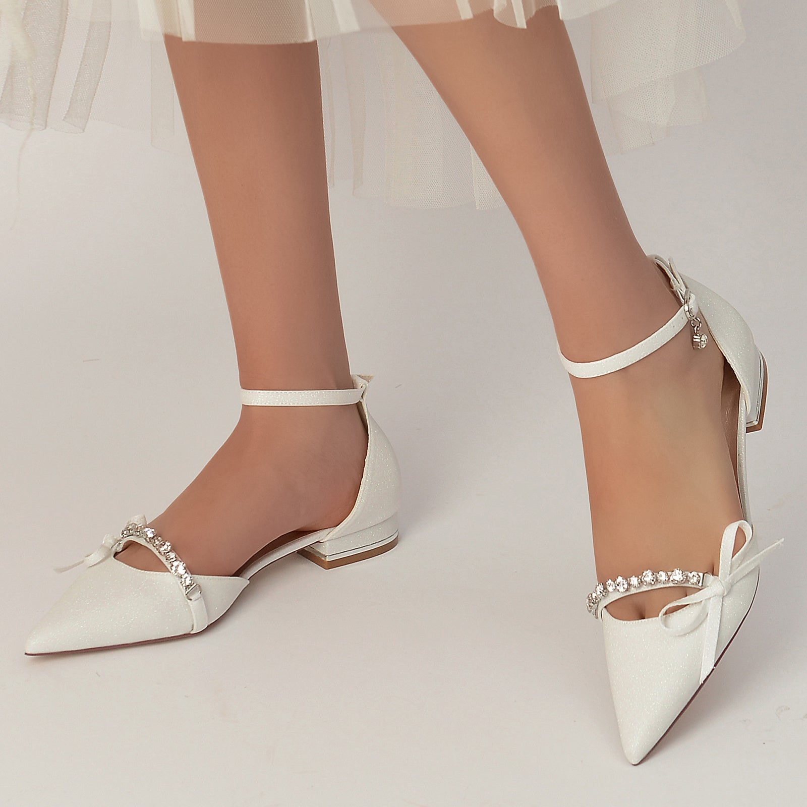 Bridal Shoes for Women with Crystal Bow and Glitter Pointed Toe