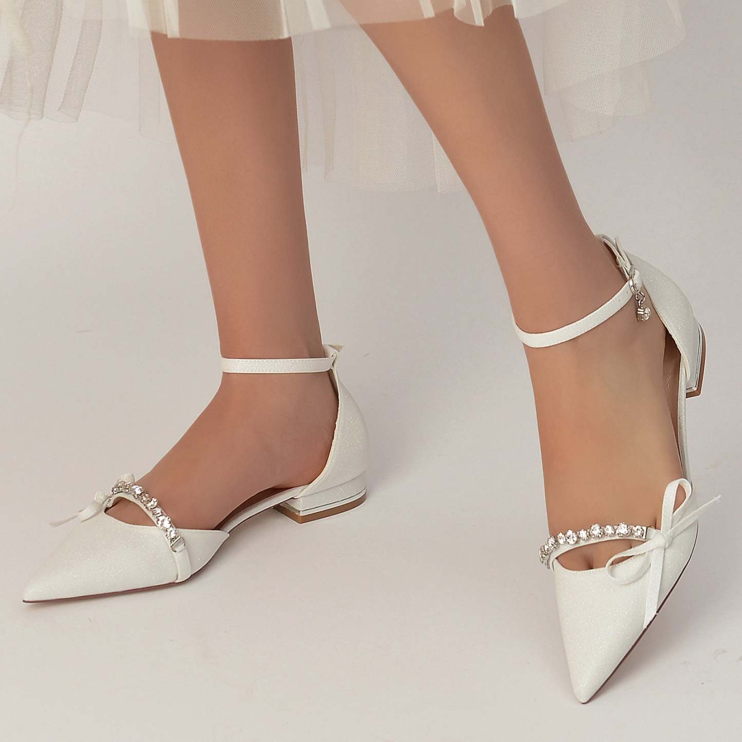 Bridal Shoes for Women with Crystal Bow and Glitter Pointed Toe
