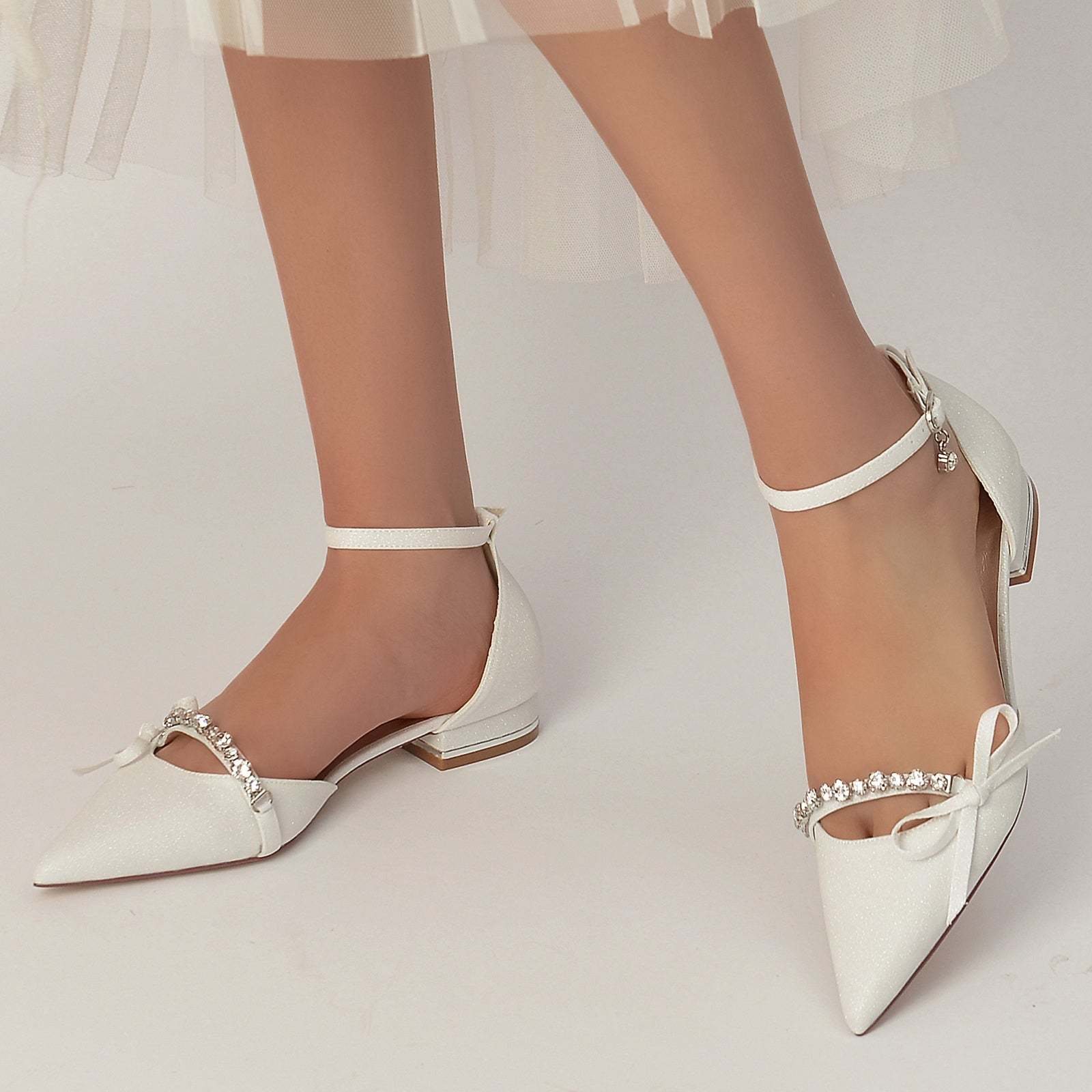 Bridal Shoes for Women with Crystal Bow and Glitter Pointed Toe