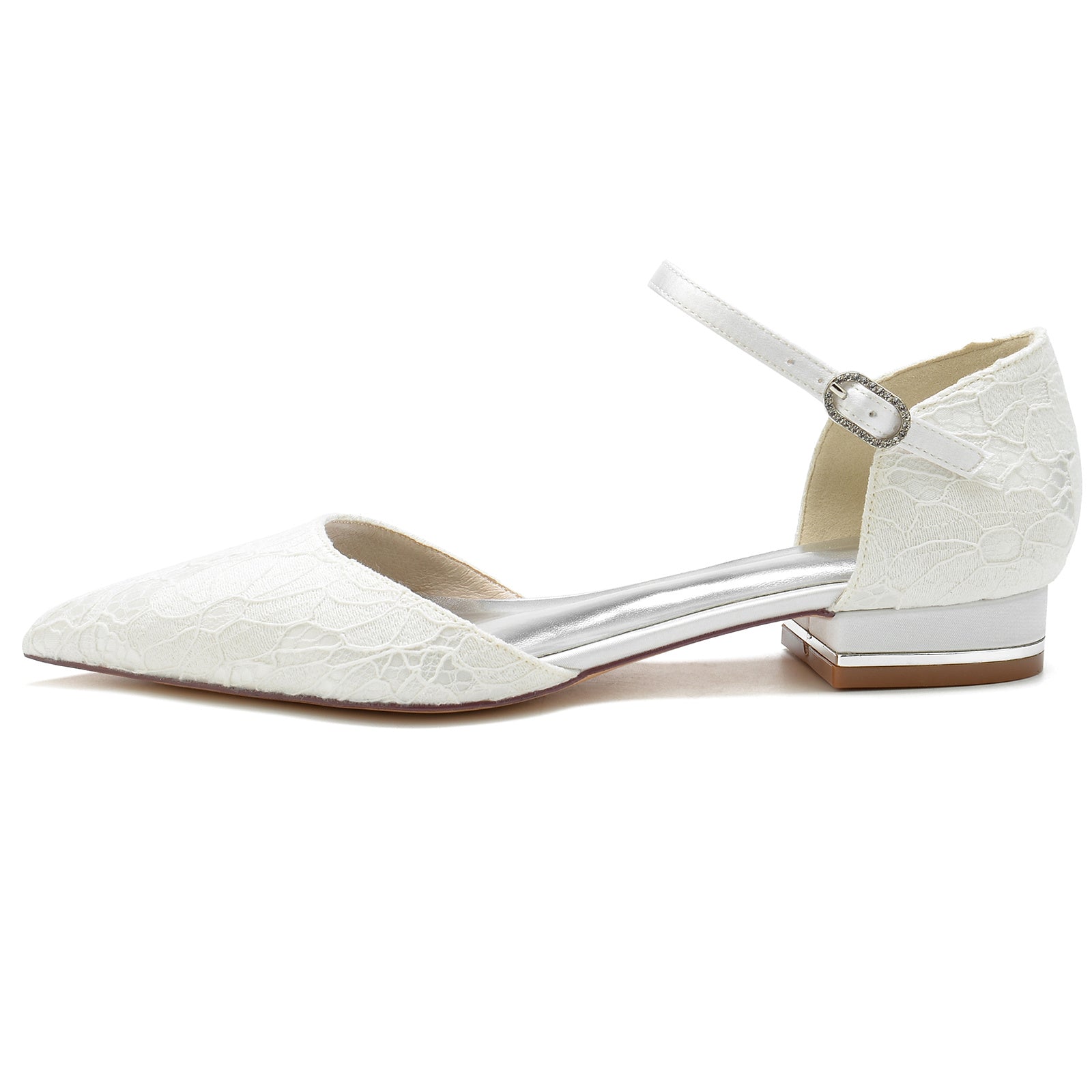 Bridal Shoes for Women with Silk Satin Lace and Crystal Buckle Closed Toe