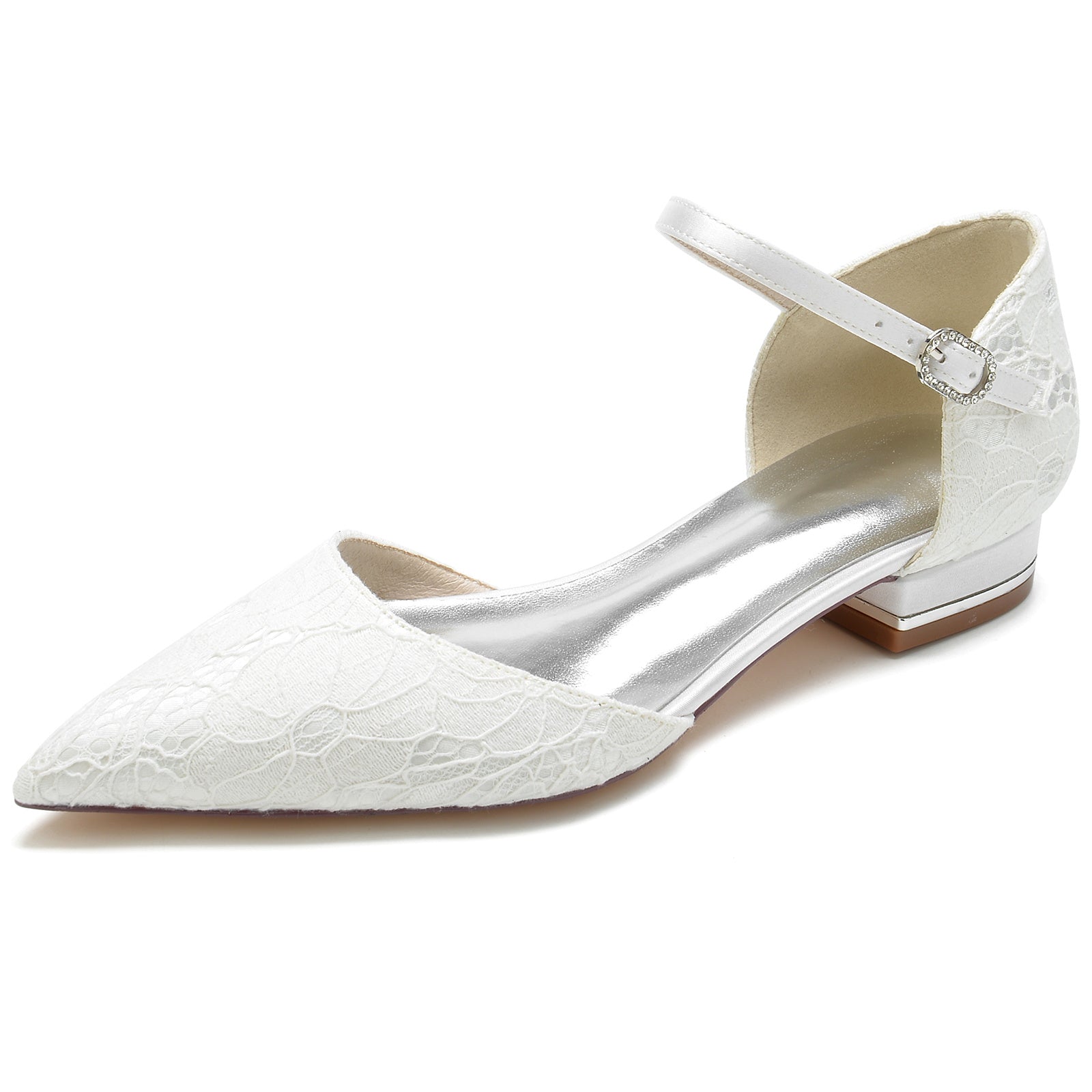 Bridal Shoes for Women with Silk Satin Lace and Crystal Buckle Closed Toe