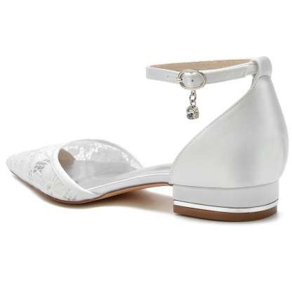 Bridal Shoes for Women with Lace and Rhinestone Buckle Closed Toe