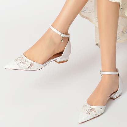 Bridal Shoes for Women with Lace and Rhinestone Buckle Closed Toe
