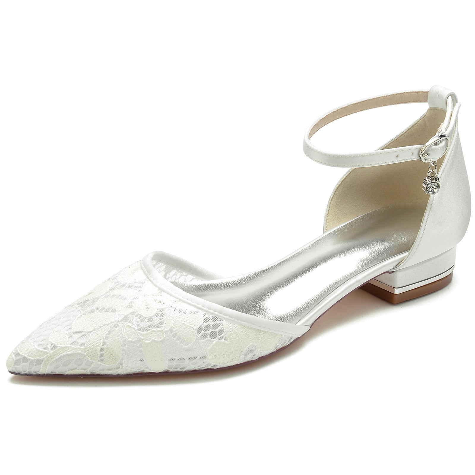 Bridal Shoes for Women with Lace and Rhinestone Buckle Closed Toe