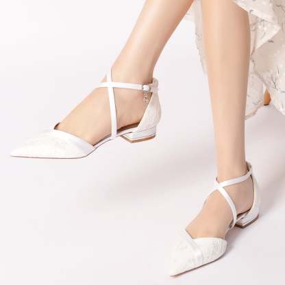 Bridal Shoes for Women with Lace Low Heel Pointed Toe and Crystal Ankle Strap