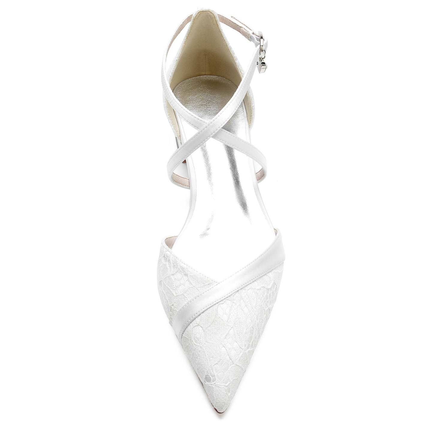 Bridal Shoes for Women with Lace Low Heel Pointed Toe and Crystal Ankle Strap
