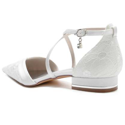 Bridal Shoes for Women with Lace Low Heel Pointed Toe and Crystal Ankle Strap