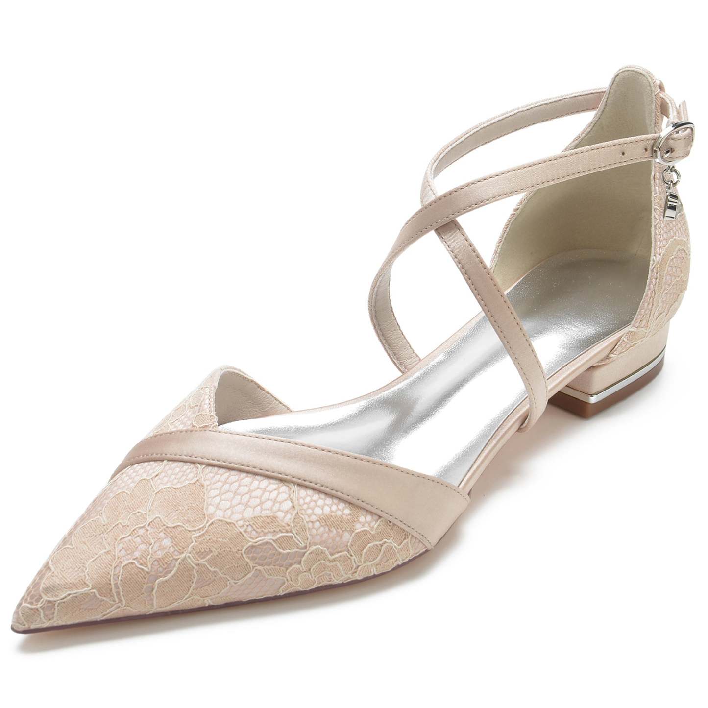 Bridal Shoes for Women with Lace Low Heel Pointed Toe and Crystal Ankle Strap