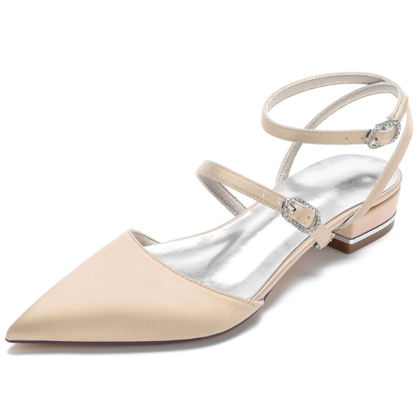 Strappy Low-Heel Bridal Shoes for Women with Pointed Toe and Buckle