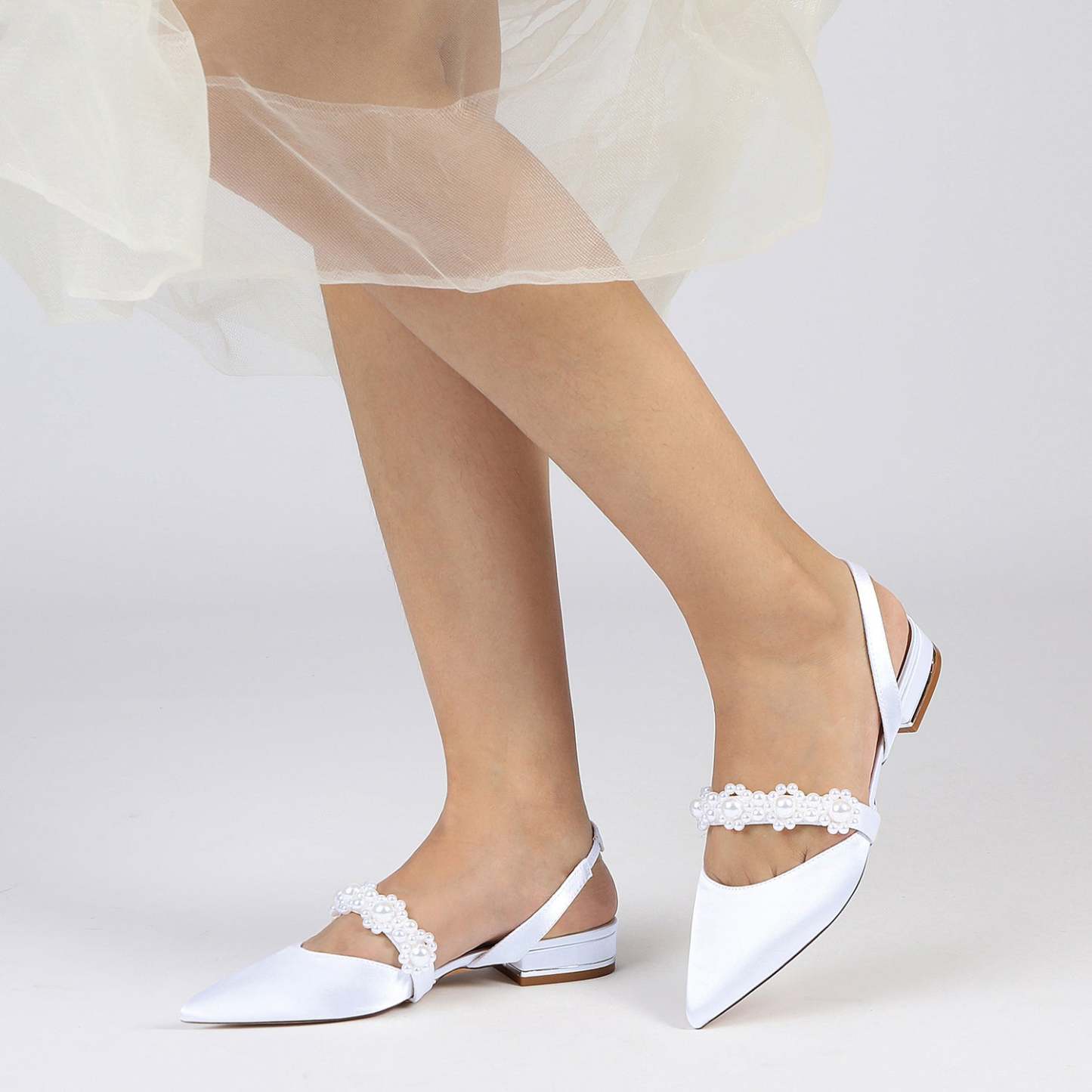 Bridal Shoes for Women with Pearl Buckle – White Silk Satin Pointed Toe