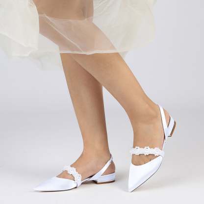 Bridal Shoes for Women with Pearl Buckle – White Silk Satin Pointed Toe