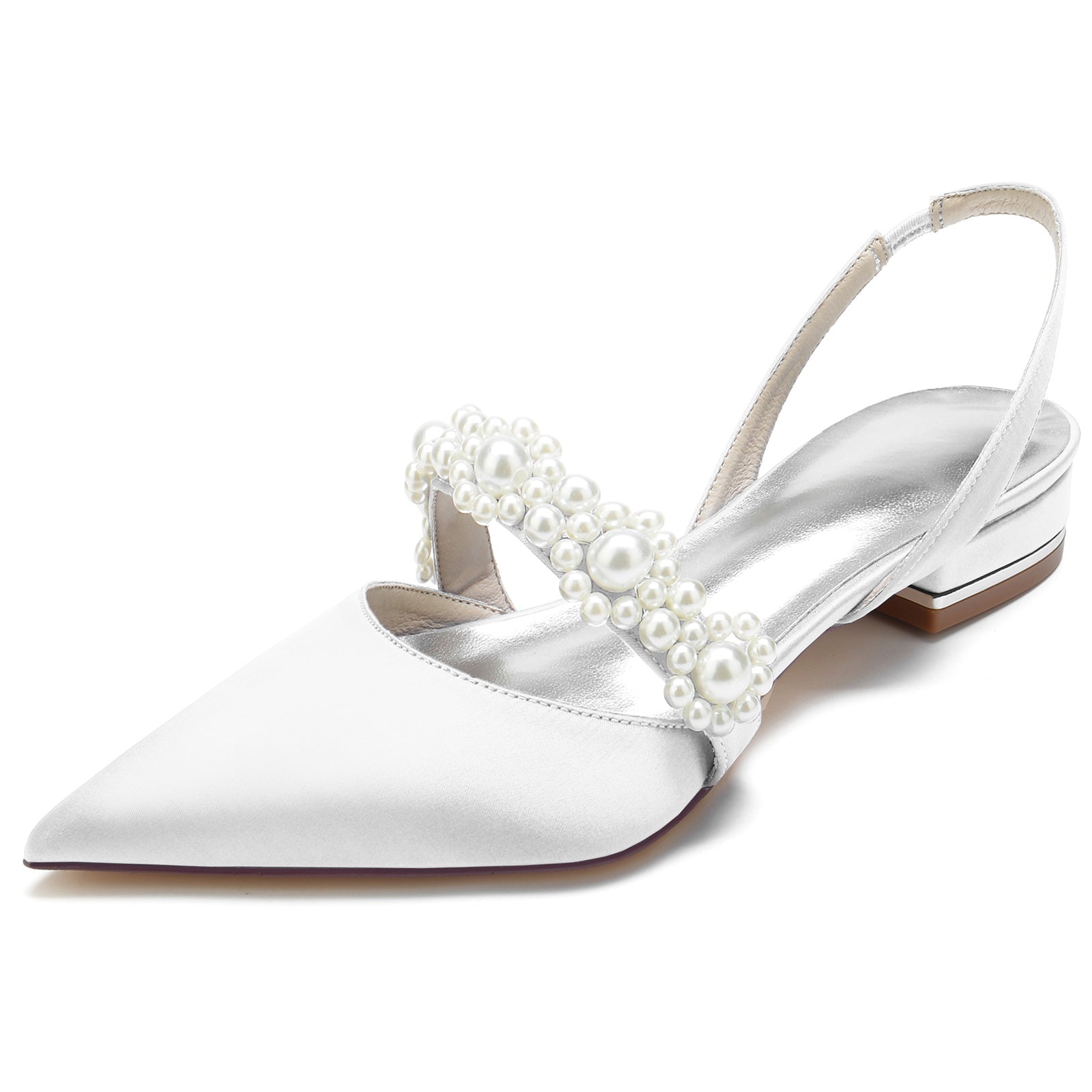 Bridal Shoes for Women with Pearl Buckle – White Silk Satin Pointed Toe