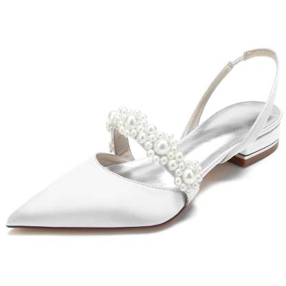 Bridal Shoes for Women with Pearl Buckle – White Silk Satin Pointed Toe