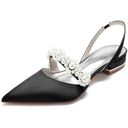 Bridal Shoes for Women with Pearl Buckle – White Silk Satin Pointed Toe