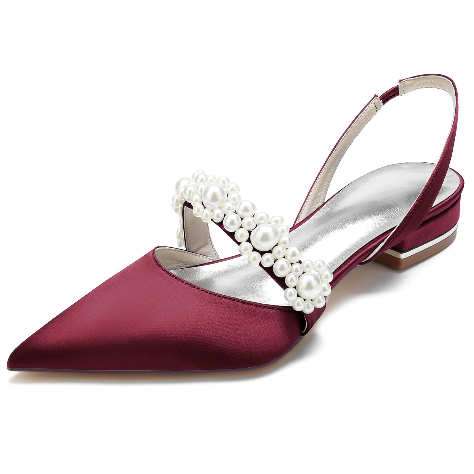Bridal Shoes for Women with Pearl Buckle – White Silk Satin Pointed Toe