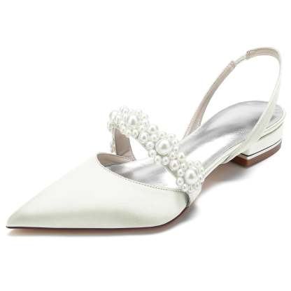 Bridal Shoes for Women with Pearl Buckle – White Silk Satin Pointed Toe