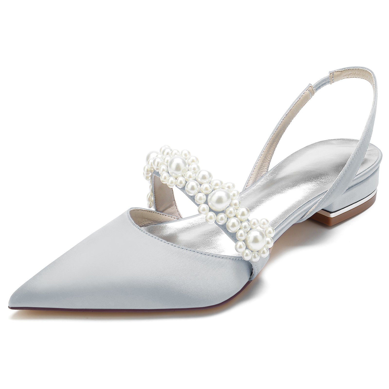 Bridal Shoes for Women with Pearl Buckle – White Silk Satin Pointed Toe