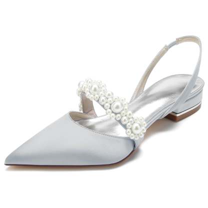 Bridal Shoes for Women with Pearl Buckle – White Silk Satin Pointed Toe