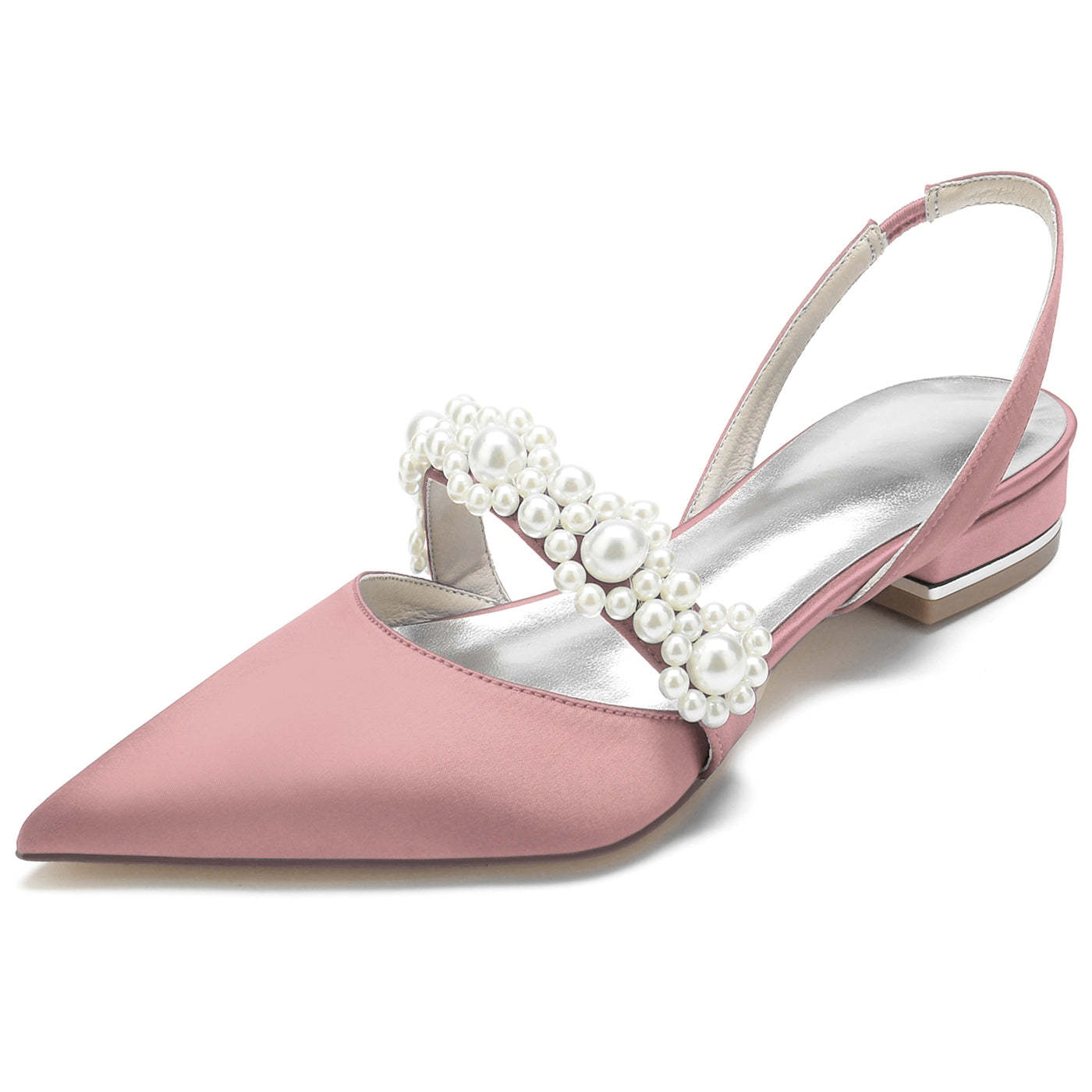 Bridal Shoes for Women with Pearl Buckle – White Silk Satin Pointed Toe