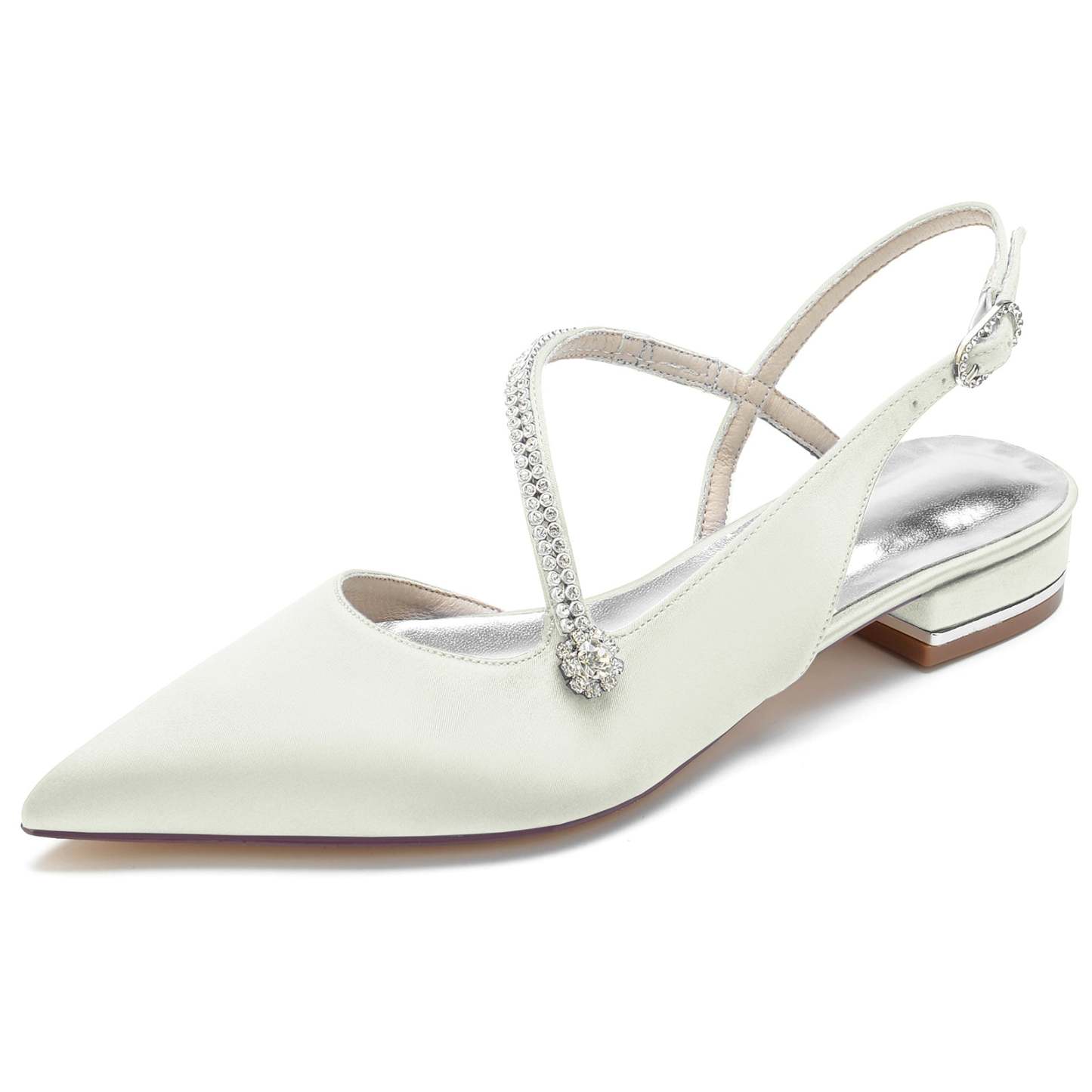 Bridal Satin Shoes for Women with Crystal Buckle and Low Closed Heel