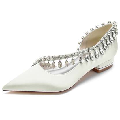 Bridal Shoes for Women in Silk Satin with Imitation Crystal Low Closed Toe Slip-On