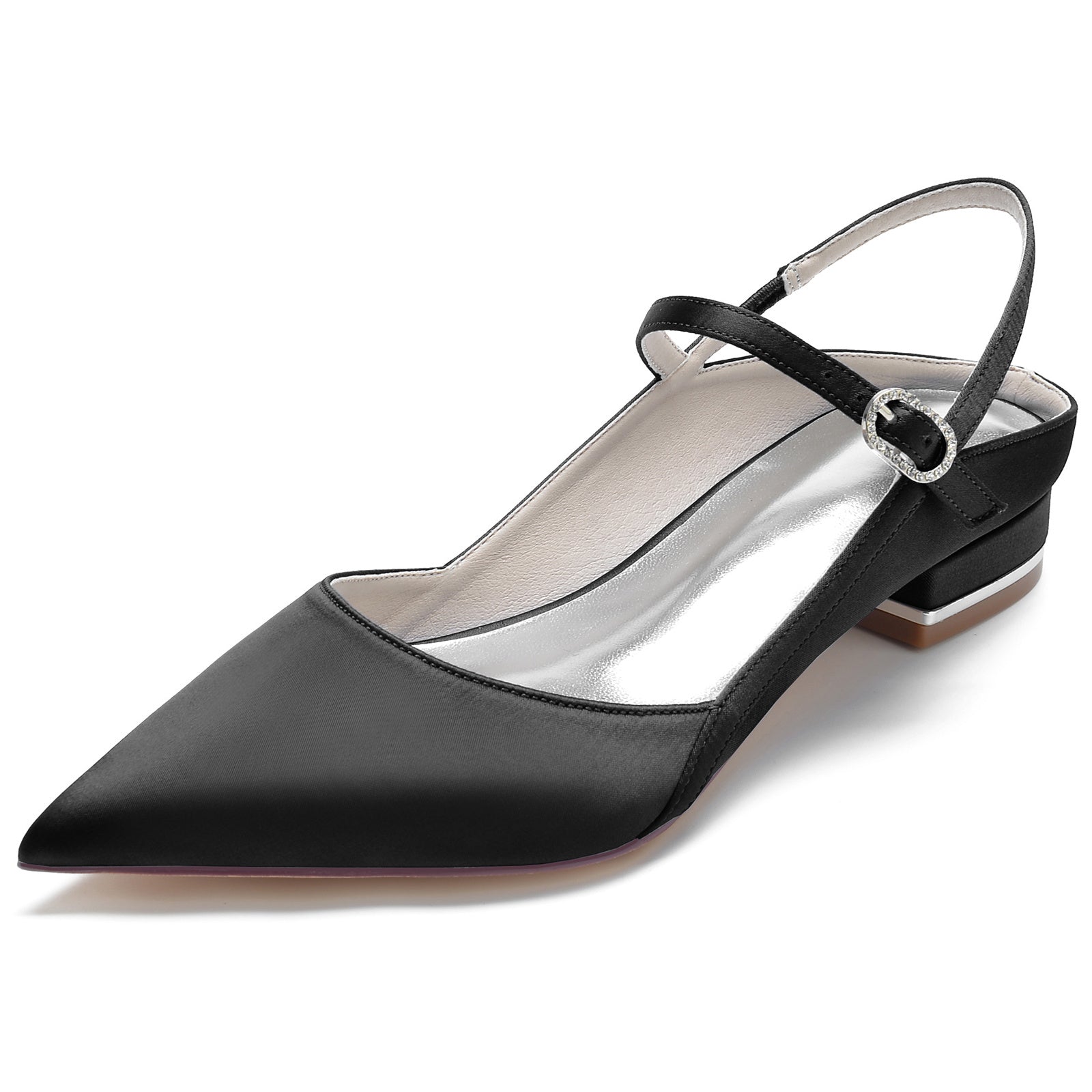 Bridal Shoes for Women: Minimalist Silk Satin Low Heels with Buckle and Pointed Toe
