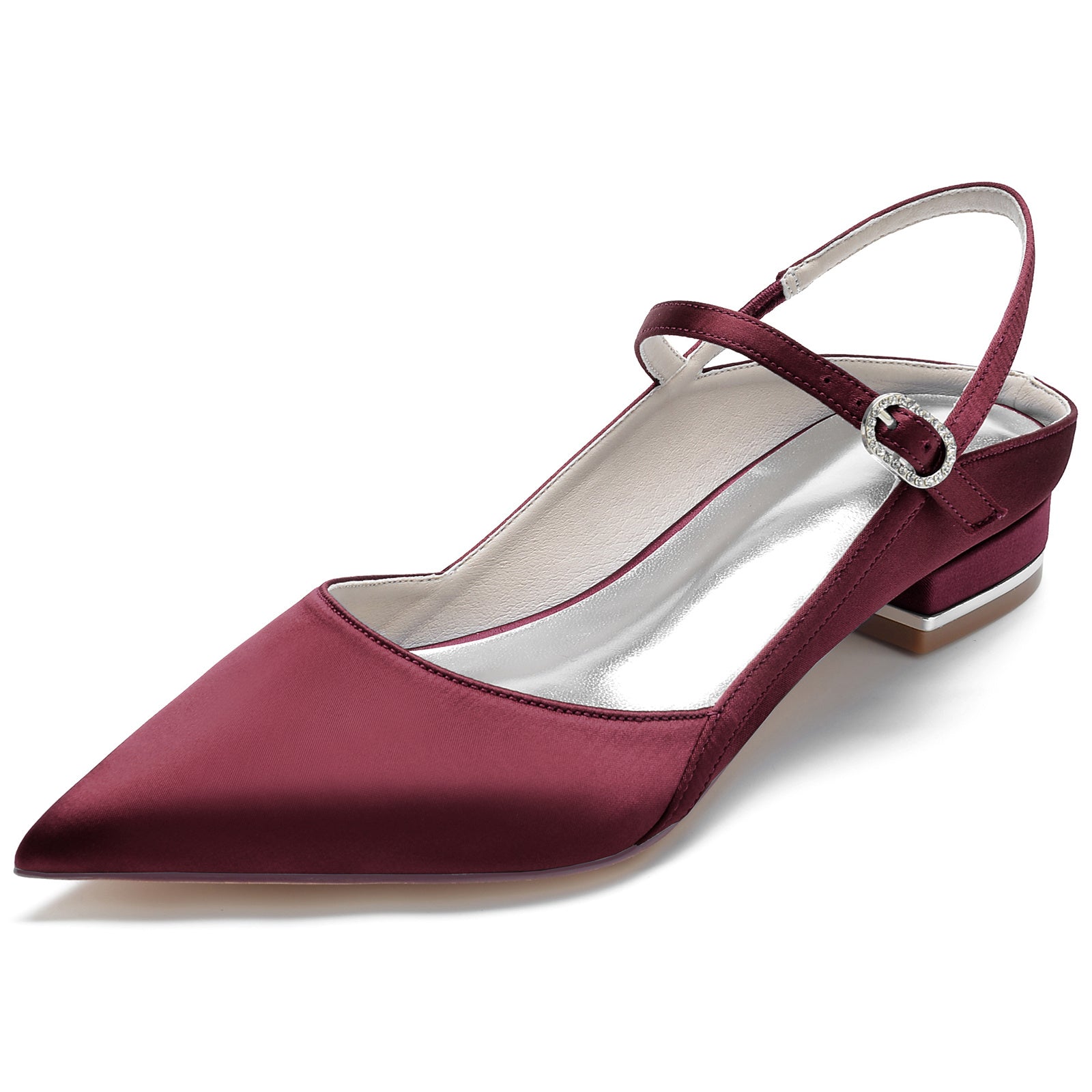 Bridal Shoes for Women: Minimalist Silk Satin Low Heels with Buckle and Pointed Toe