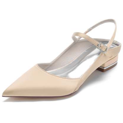 Bridal Shoes for Women: Minimalist Silk Satin Low Heels with Buckle and Pointed Toe