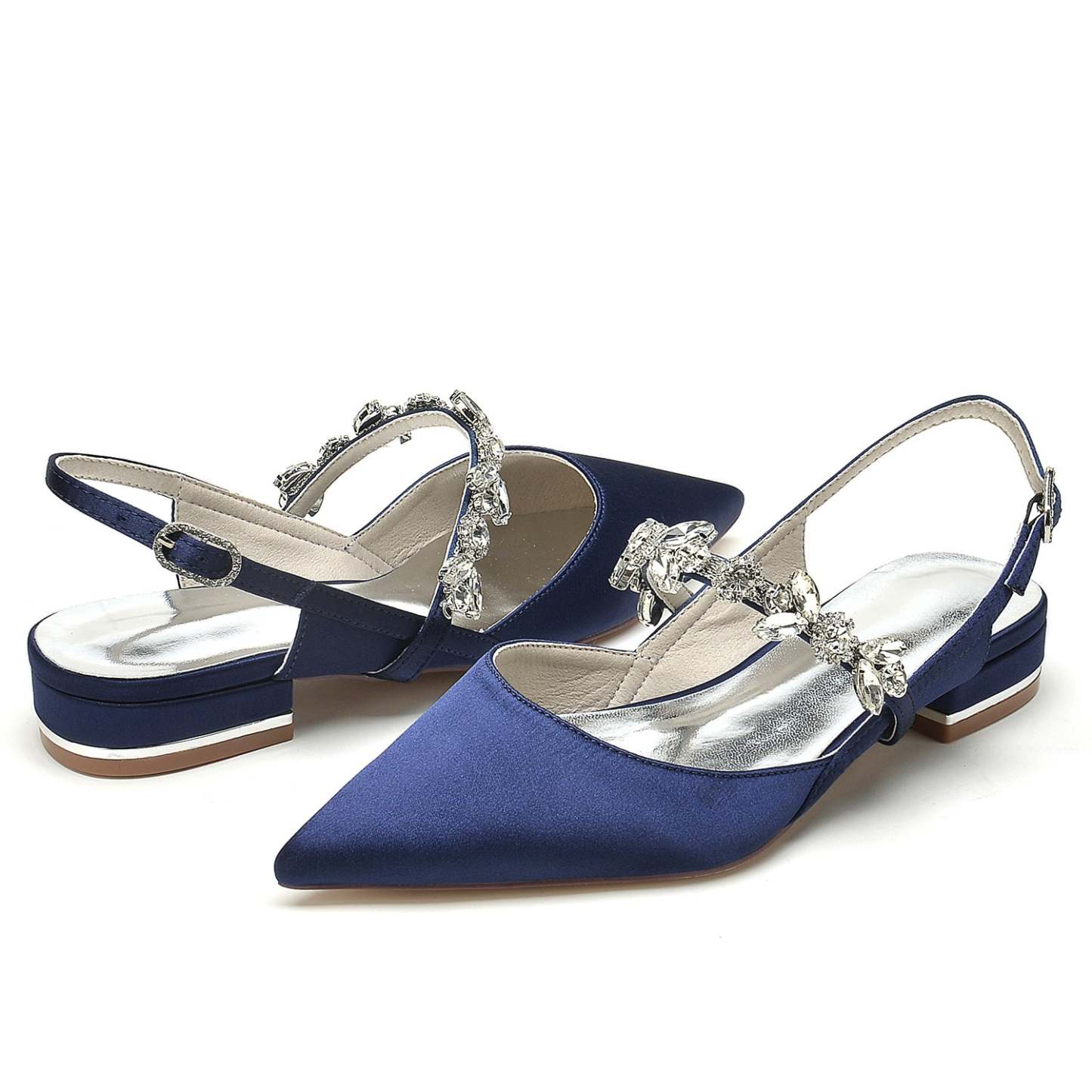 Bridal Shoes for Women with Rhinestone Buckle and Pointed Toe in Silk Satin