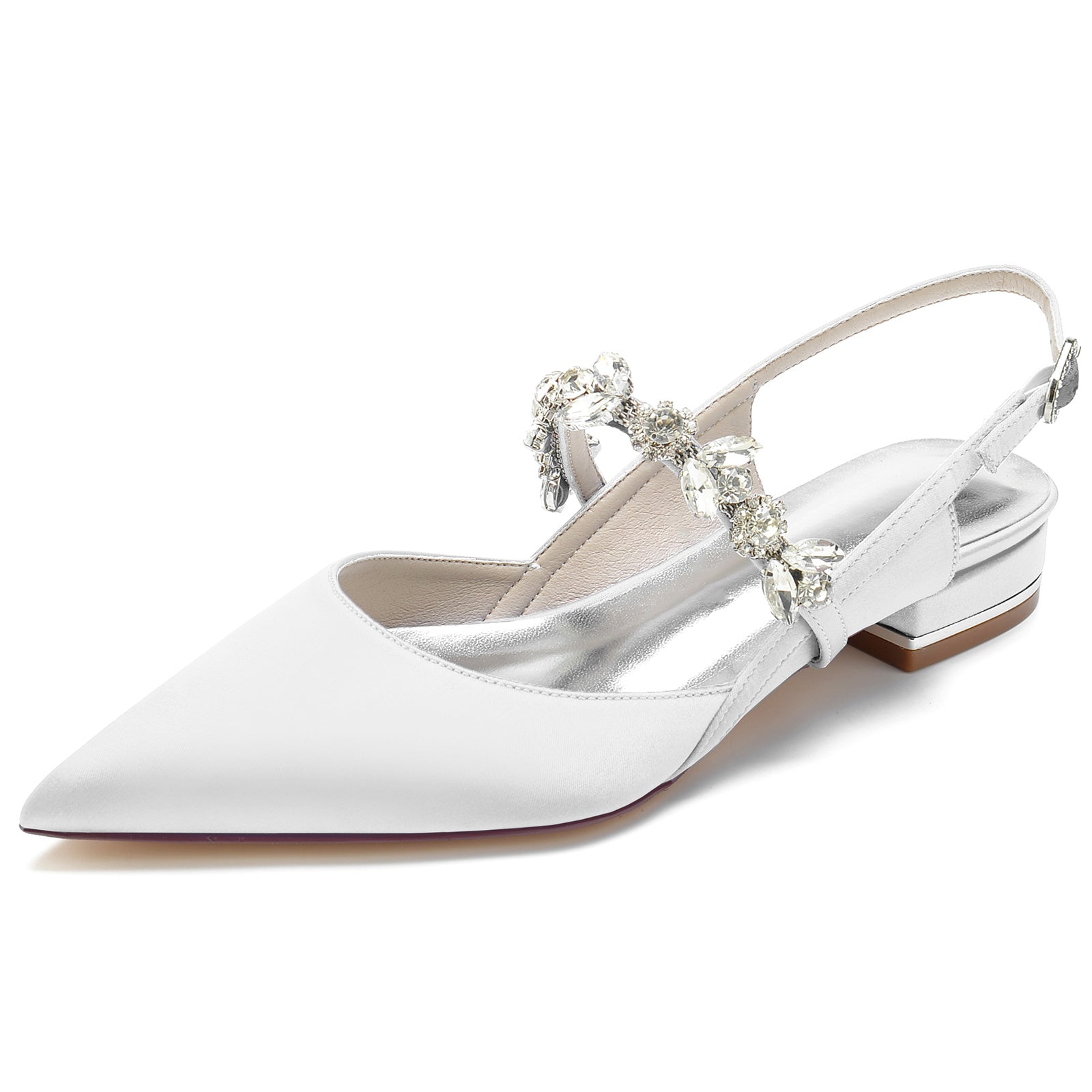 Bridal Shoes for Women with Rhinestone Buckle and Pointed Toe in Silk Satin
