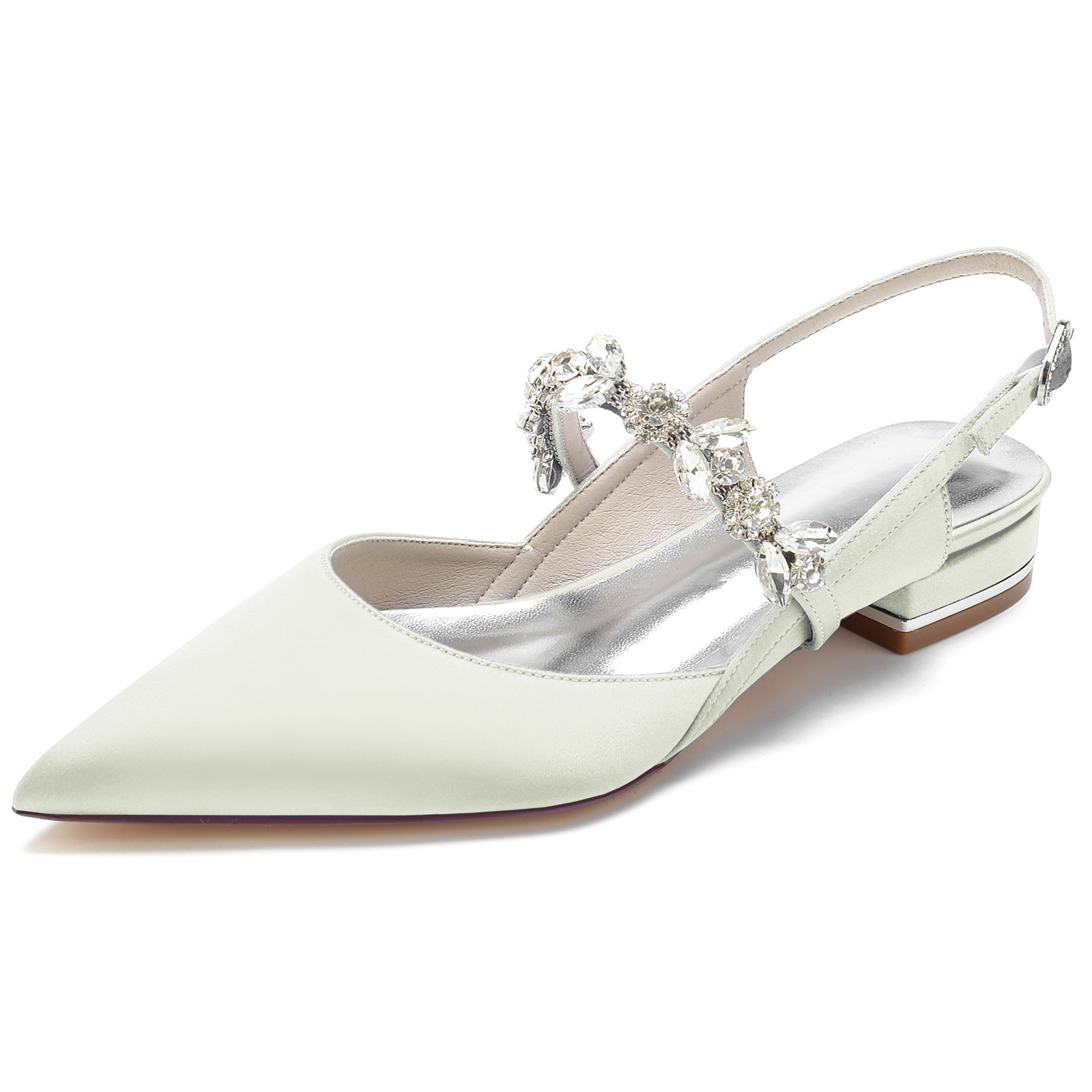 Bridal Shoes for Women with Rhinestone Buckle and Pointed Toe in Silk Satin